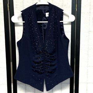 J.R. Nites by Caliendo Vintage Sleeveless Beaded Rouched Front Vest Top Navy 6P